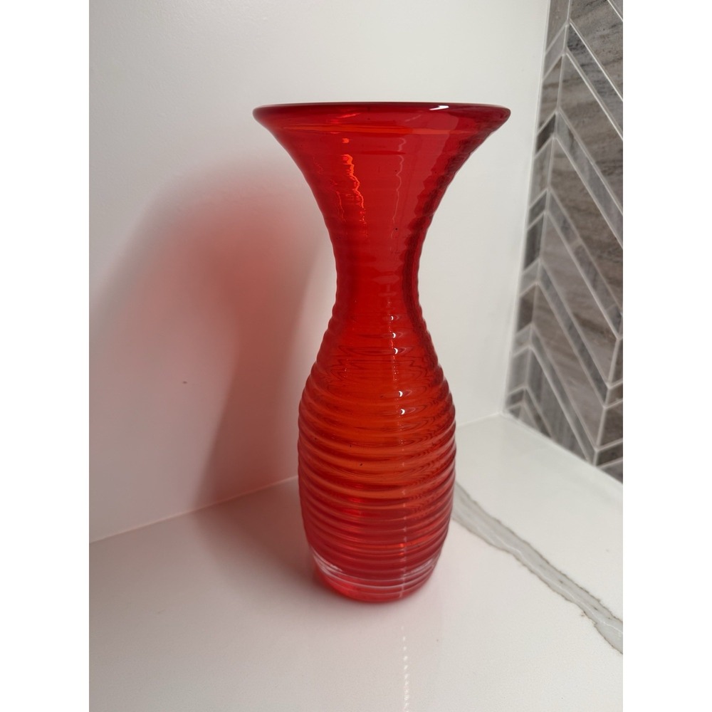 Ruby Red Glass Vase Beehive Design 9.5 " Swirl